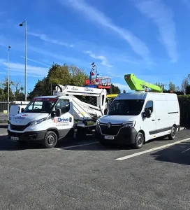 shows truck and van mount in cherry picker yard